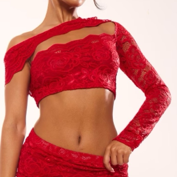 Sexy red Lace Cut Out Asymmetric Crop Long sleeve top resort vacation club hot - Picture 3 of 7